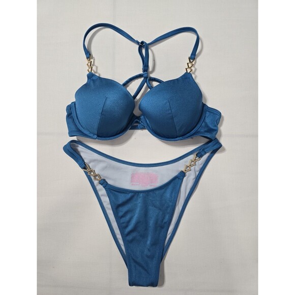 Victoria’s Secret Blue Push Up Bikini Set 34C Top & Medium Bottom Gold Accent - Picture 4 of 7